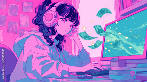 girl with money currency bills that fly out of the computer screen. easy money. anime style