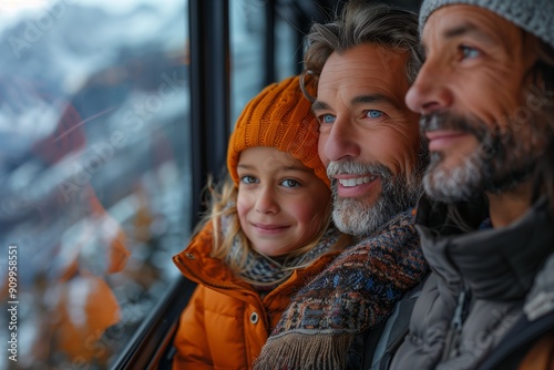 Family Enjoying Scenic Mountain View From Cabin Window on a Winter Afternoon