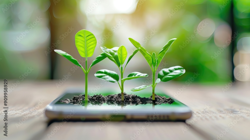 seedling on smartphone- Ecology concept. AI generated illustration seedling on smartphone- Ecology concept. AI generated illustration