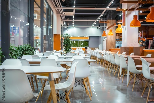 A spacious cafeteria with rows of white chairs and tables, illuminated by orange pendant lights