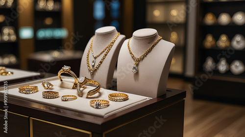 A diamond and gold jewelry store including necklaces and rings, generative.ai
