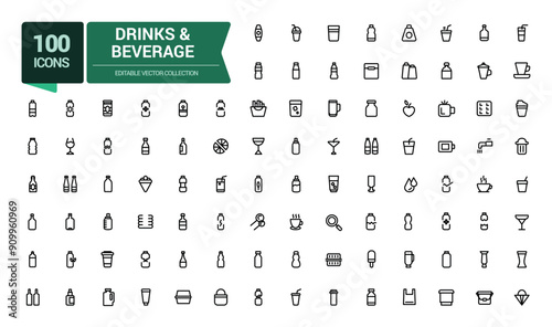 Drinks and beverage service industry mimimal icons set. Related to Beverage, Cuisine, Catering, Snacks, Bars, Restaurants, Hospitality. Simple editable stroke vector illustration.
