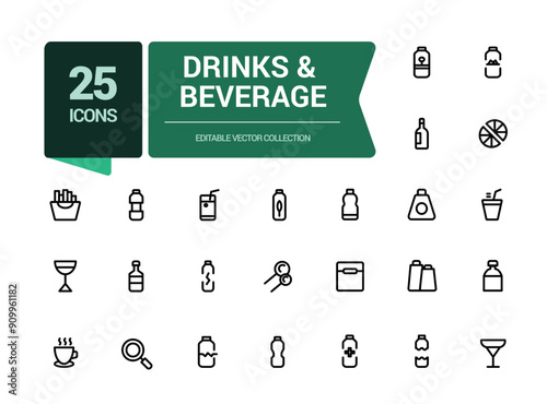 Drinks and beverage service industry mimimal icons set. Related to Beverage, Cuisine, Catering, Snacks, Bars, Restaurants, Hospitality. Simple editable stroke vector illustration.