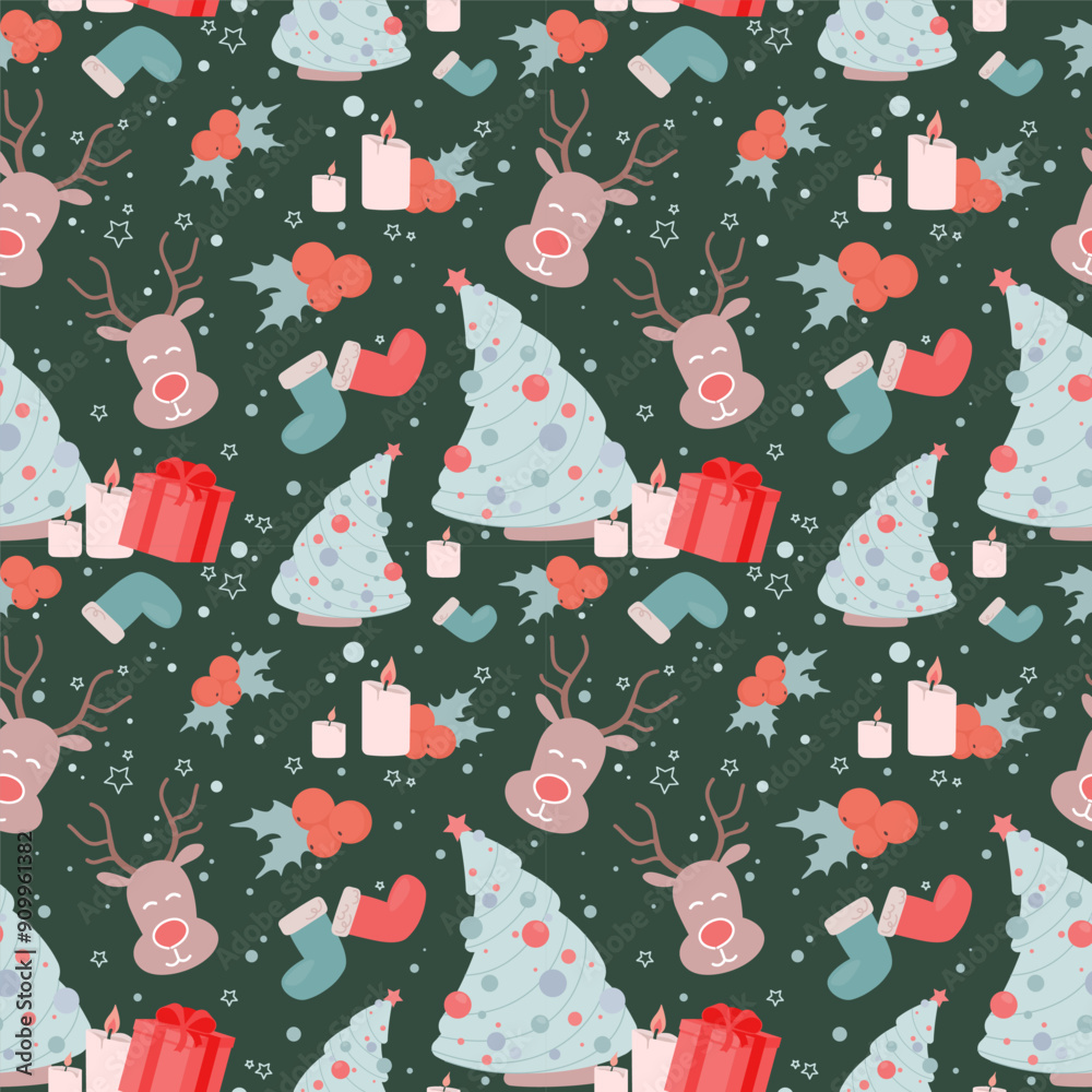 Vector Christmas seamless pattern. New Year print. Winter holiday theme. Deer, fir tree, holly, socks icons set. Bright cute background. Hand drawn art element for packaging design, kids cloth, cover Vector Christmas seamless pattern. New Year print. Winter holiday theme. Deer, fir tree, holly, socks icons set. Bright cute background. Hand drawn art element for packaging design, kids cloth, cover