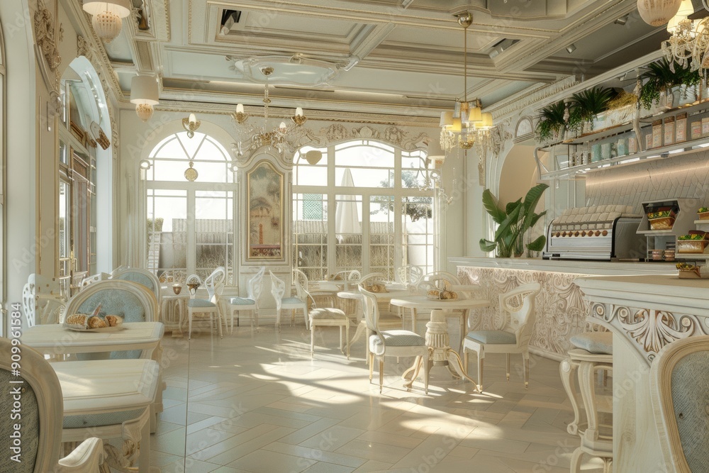 White and gold cafe interior with ornate decor and large windows White and gold cafe interior with ornate decor and large windows