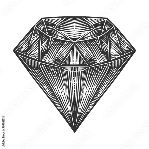 diamond, showcasing its intricate facets and geometric design sketch engraving generative ai vector illustration. Scratch board imitation. Black and white image.