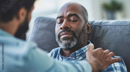 Therapist providing gentle emotional support to client during private session at home