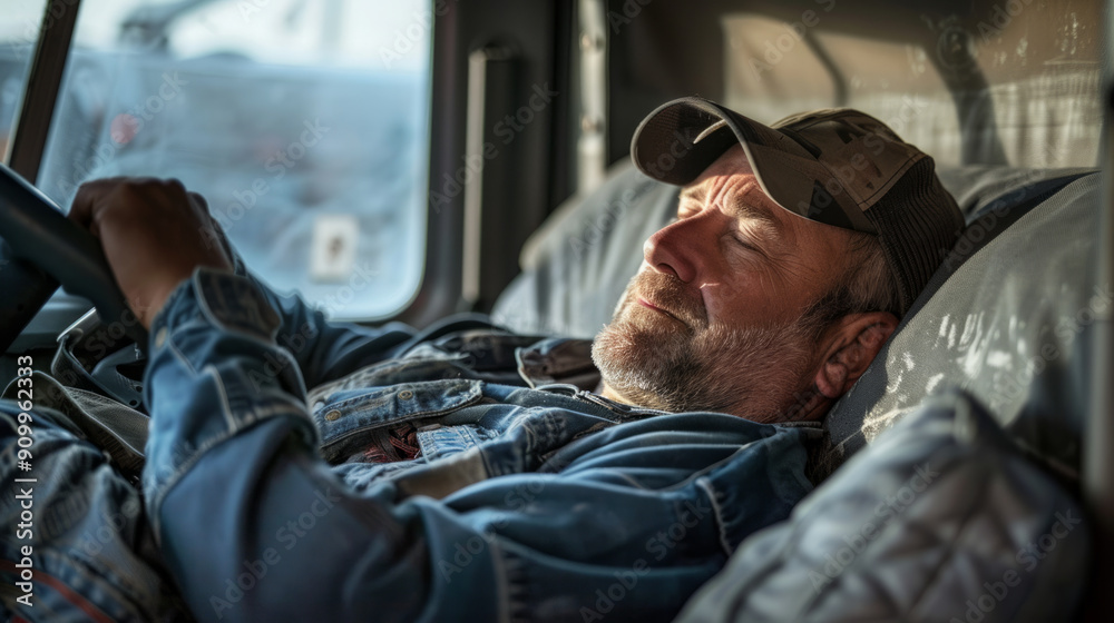 Fototapeta premium Resting trucker enjoys peaceful moment while sleeping in sleeper cab at dusk