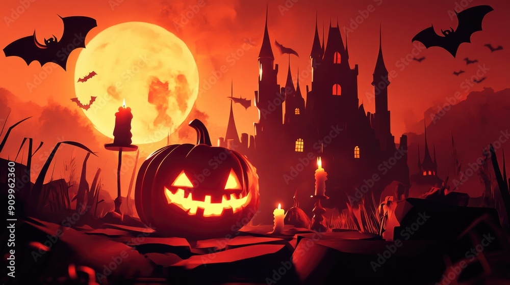 Halloween concept pumpkin and bat and background with old castles, 3d rendering Halloween concept pumpkin and bat and background with old castles, 3d rendering
