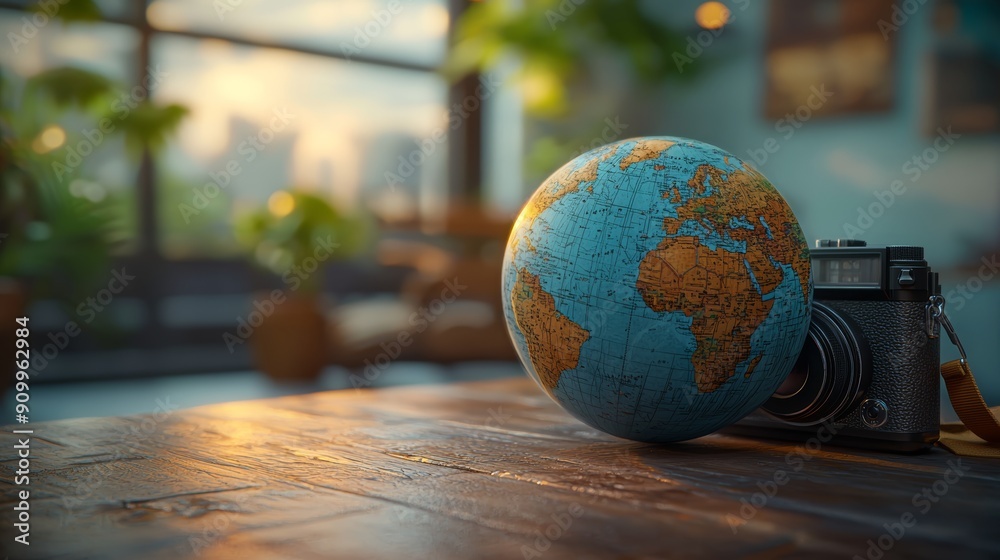 Celebrating World Photography Day with a Globe and Vintage Camera on a Wooden Table in a Sunlit Room Celebrating World Photography Day with a Globe and Vintage Camera on a Wooden Table in a Sunlit Room