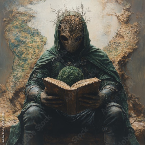 Mysterious Hooded Figure with Tree Mask Reading an Ancient Book in a Fantasy Setting photo