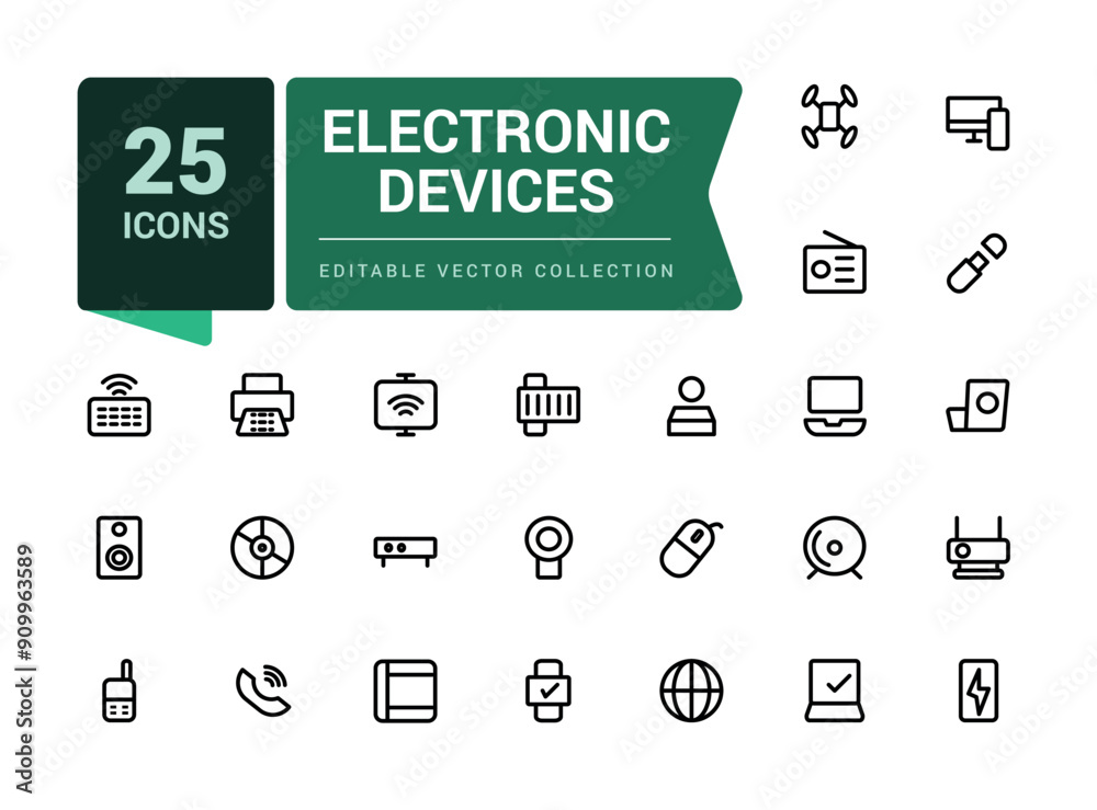 Electronic Devices icon pack. Set of outline icons related to computer. Minimalist thin linear web ui icon set. Simple editable vector stroke illustration.