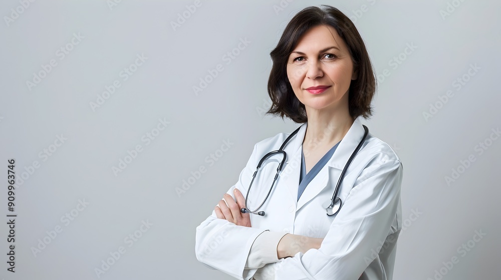 Confident and Friendly Female Doctor in Medical Uniform Offering Healthcare Services Confident and Friendly Female Doctor in Medical Uniform Offering Healthcare Services