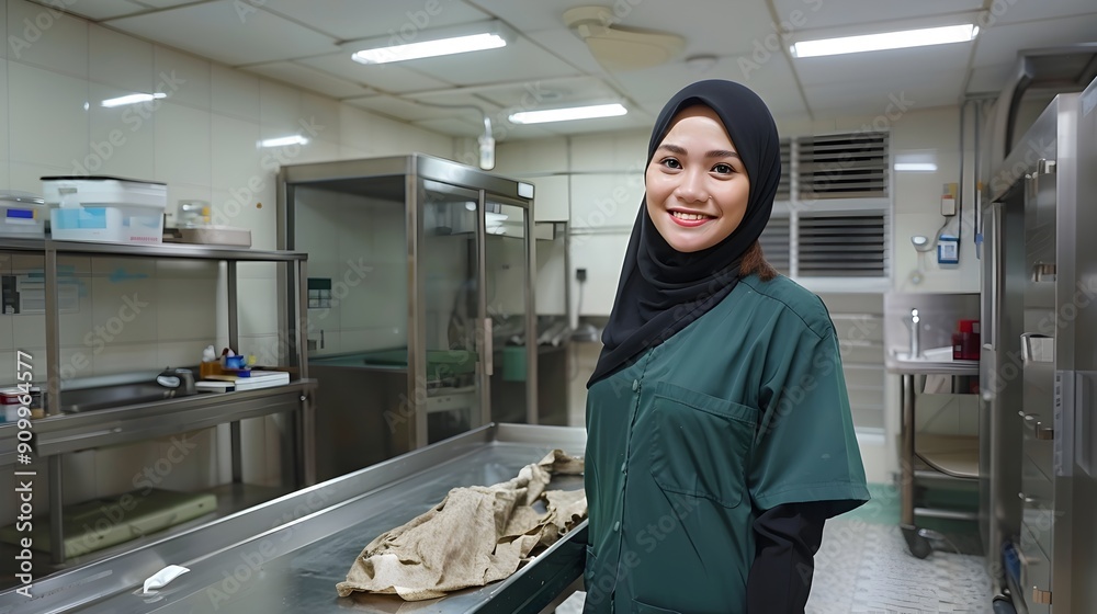 Smiling Muslim Woman in Hijab Working as Professional Chef in Commercial Kitchen