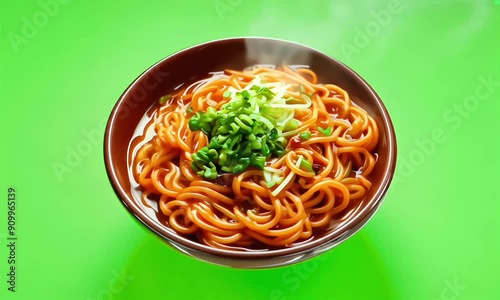 a bowl of spicy noodles spinning animation on green screen backdrop
