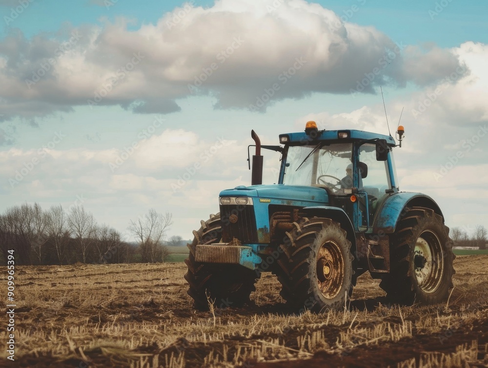 Tractor Plowing Fields Under Blue Sky With Fluffy Clouds in Springtime Tractor Plowing Fields Under Blue Sky With Fluffy Clouds in Springtime