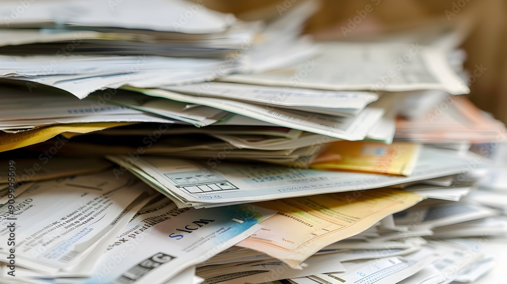 Pile of Overdue Utility Bills Showcasing Household Debt Struggles Pile of Overdue Utility Bills Showcasing Household Debt Struggles