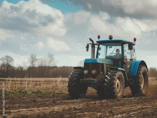 Tractor Plowing Fields Under Blue Sky With Fluffy Clouds in Springtime