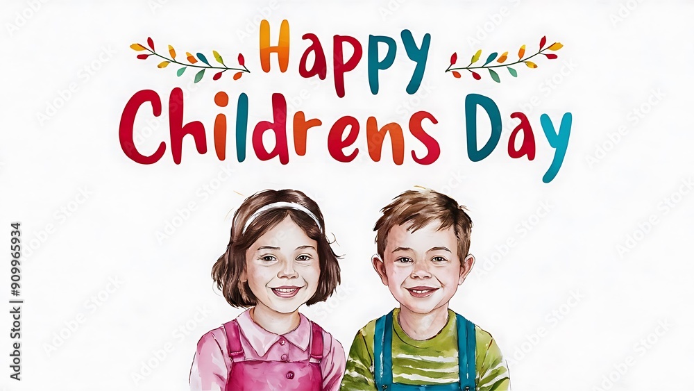 happy children's day text with portrait of two kids below , children's day happy children's day text with portrait of two kids below , children's day