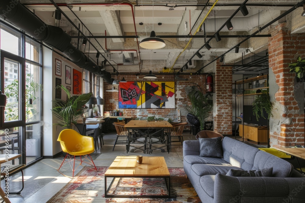 A stylish coworking space with exposed brick walls, large windows, and modern furniture A stylish coworking space with exposed brick walls, large windows, and modern furniture