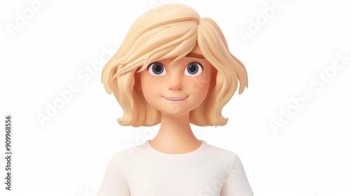 A cheerful, blonde cartoon girl with a bright smile, showcasing her playful personality in a modern 3D avatar design.