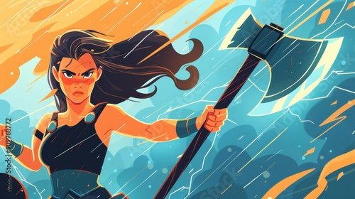 A bold warrior woman stands strong, brandishing a doublebladed axe, harnessing the power of storms in her stance. photo