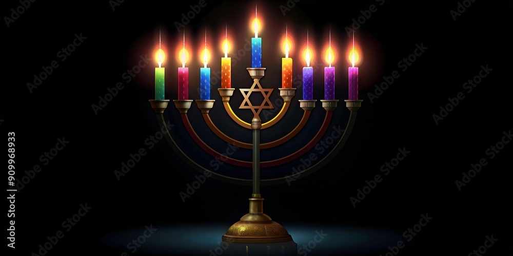 A beautifully lit hanukkah menorah with candles, dark background A beautifully lit hanukkah menorah with candles, dark background