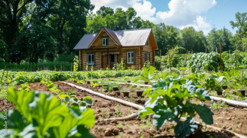 Rustic log cabin with lush vegetable garden ideal for sustainable living and organic farming
Rustic log cabin with lush vegetable garden ideal for sustainable living and organic farming