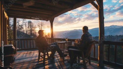 Couple enjoying coffee on rustic cabin porch with scenic mountain view for tranquil escapes
