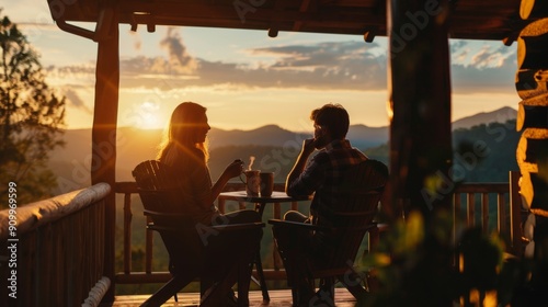 Couple enjoying morning coffee on cabin porch with sunrise mountain view for serene getaways
