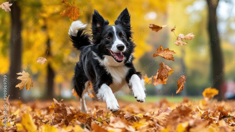 Black and white dog joyfully running through autumn leaves in park Black and white dog joyfully running through autumn leaves in park