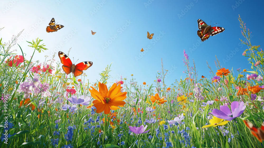 A vibrant meadow filled with a variety of wildflowers in full bloom, with butterflies and bees flitting about under a clear blue sky A vibrant meadow filled with a variety of wildflowers in full bloom, with butterflies and bees flitting about under a clear blue sky