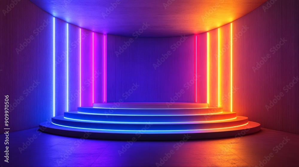 Modern Podium with Dark Vibrant Neon Lights in a Futuristic Setting