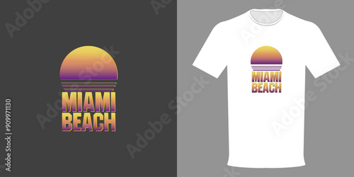 Vector illustration. T-shirt with vintage logo MIAMI BEACH. Retro futuristic fashion t-shirt design in minimalist style. Logo for 80s disco in night club