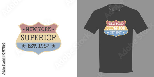 Vector illustration. T-shirt with vintage logo SUPERIOR NEW YORK. Retro design of fashionable t-shirt in minimalistic style. Original Athletic Department. Typographic print college league