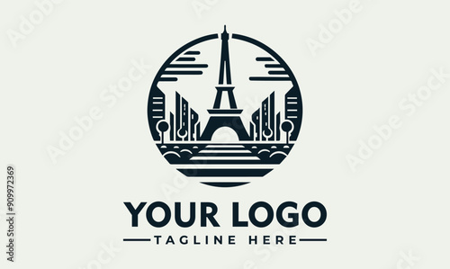 Eiffel tower vector logo silhouette of Paris skyline silhouette with Eiffel Tower. Suitable for travel posters, city guides, tourism websites, and French culture designs