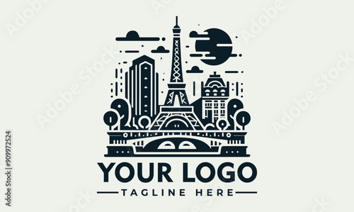 Eiffel tower vector logo silhouette of Paris skyline silhouette with Eiffel Tower. Suitable for travel posters, city guides, tourism websites, and French culture designs