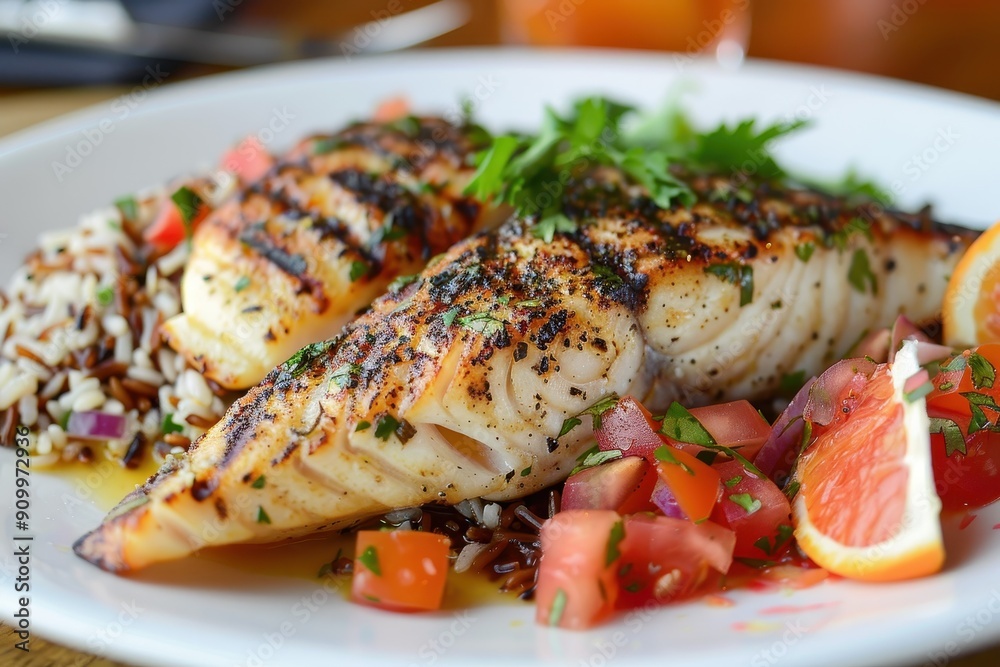 A plate of grilled sea bass, served with a citrus salsa and a side of wild rice. A plate of grilled sea bass, served with a citrus salsa and a side of wild rice.