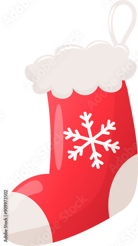 Vector hanging cartoon christmas stocking  in flat style. red christmas sock with snowflake