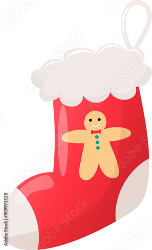 Vector cartoon christmas sock in flat style. red christmas stocking with gingerbread