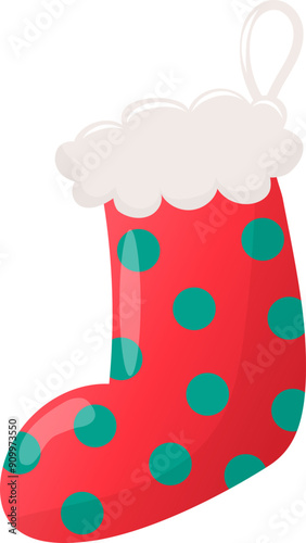 cartoon hanging red christmas stocking with green polka dots. new year gift sock in flat style