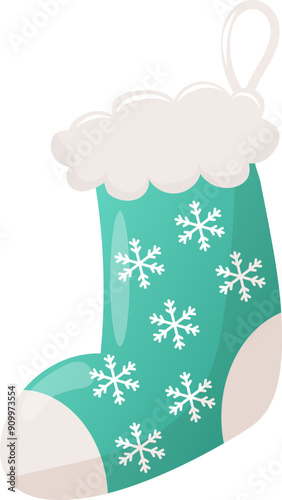 vector element green christmas stocking with snowflakes cute cartoon hanging sock in flat style