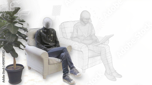 person sitting on a sofa next to a wireframe sketch of someone, representing dissociation 