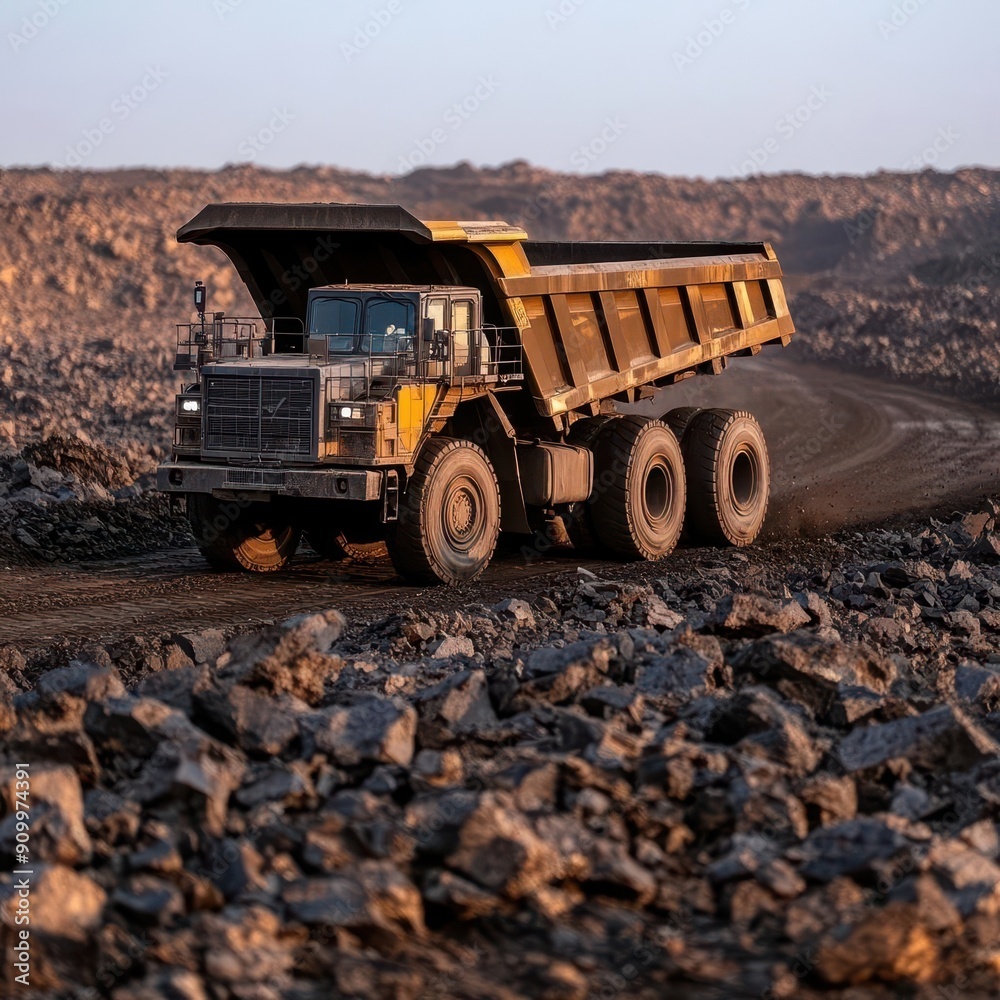 Obraz premium A powerful dump truck navigating rugged terrain at a construction site during golden hour, showcasing industrial strength and efficiency.