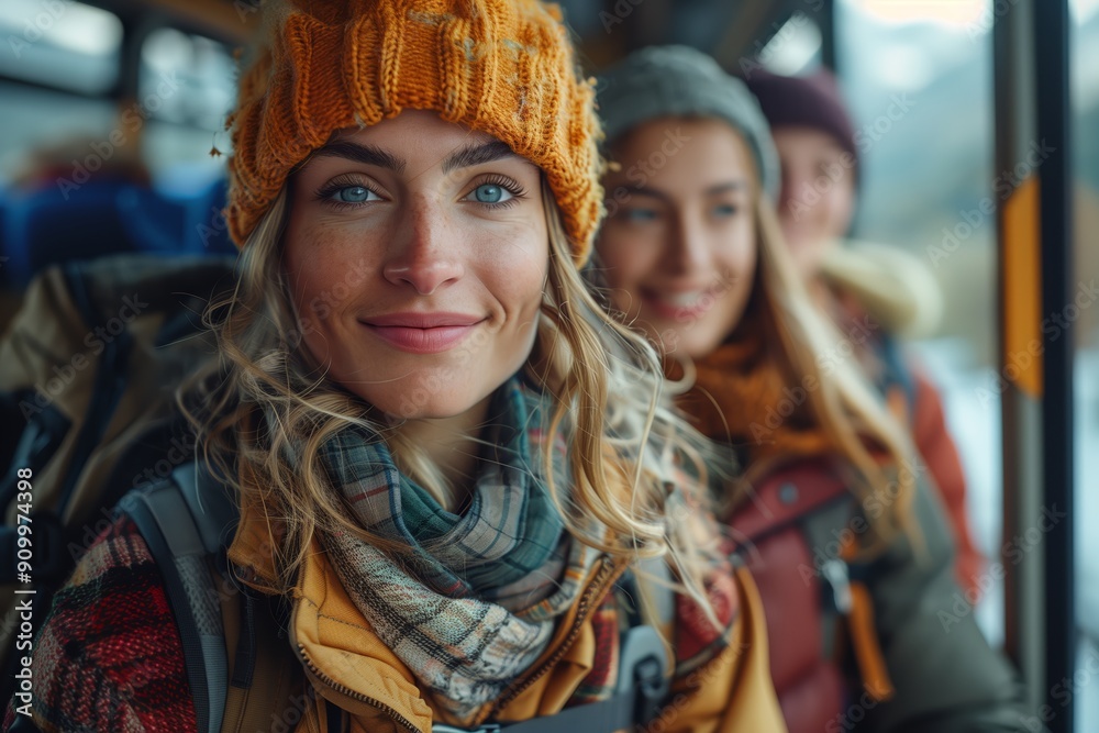Group of Adventurers Enjoying a Scenic Bus Ride in the Mountains During Winter Group of Adventurers Enjoying a Scenic Bus Ride in the Mountains During Winter