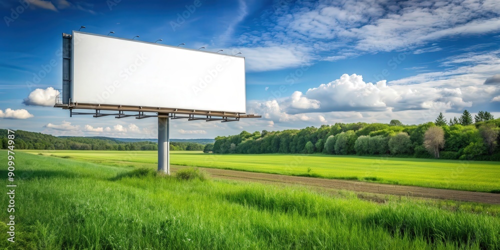Billboard standing on a lush green field, outdoor, advertising, marketing, promotion, grass, blue sky, landscape