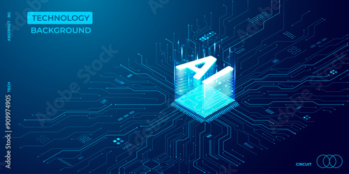 Isometric AI chip hologram in the center of circuit board. Technology blue background. Electronics and Computer concept. Artificial Intelligence neon light icon on circuit board. Vector illustration.