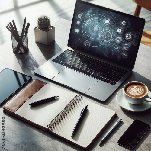 Table with office supplies, including a laptop, tablet, planner, and a decorated coffee, creating a modern and cozy work environment.