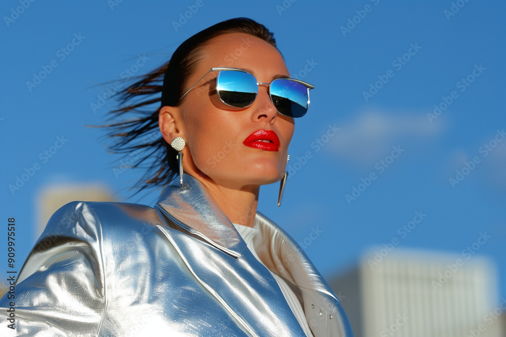 Φωτογραφία Fashion portrait of a woman in a reflective silver suit and sunglasses against a blue sky