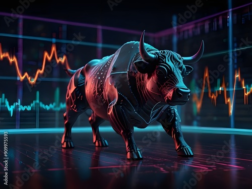 Bull symbolizing a market uptrend, with rising stock graphs in the background representing financial gains and economic optimism. photo
